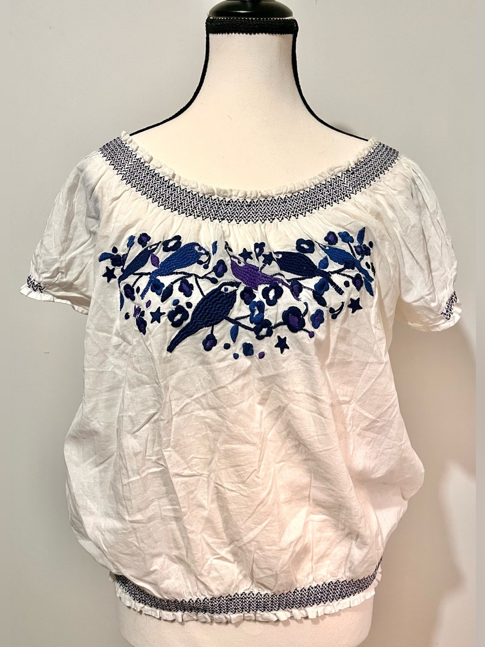 Embroidered White Boho Peasant Top with Blue Detail